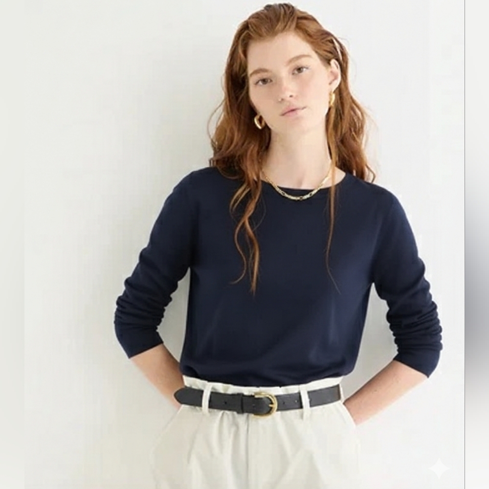 J Crew 100% Merino Wool Knit Crew Neck Lightweight Long Sleeve Sweater Navy S